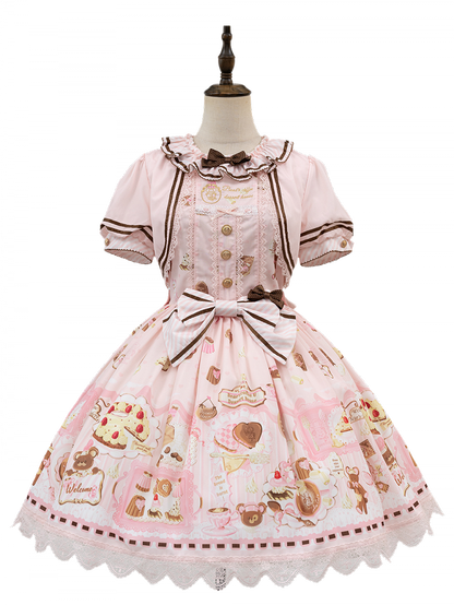 Two-pieces Theme Fake Desserts Bear Dress Pink Lolita Sweet Print Design