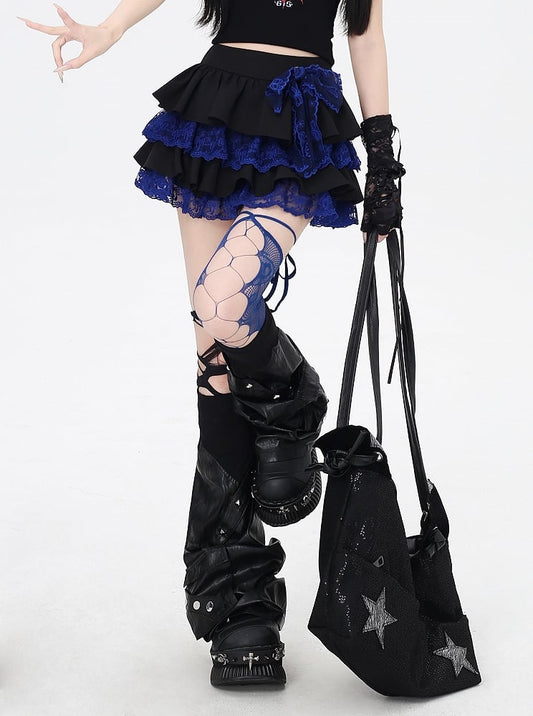 Waist Y2K Tiered Skirt Blue Lace Trim Black Elastic Contrast