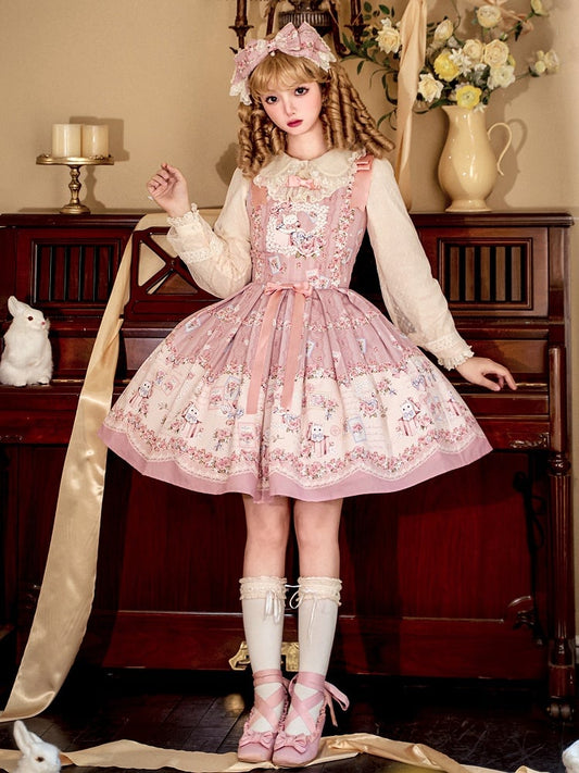 Kitty and Floral Pink Sweet Lolita Jumper Skirt