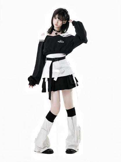 Zipper Black and Techwear Flared Leg Warmers White Drawstring Cuffs Detail