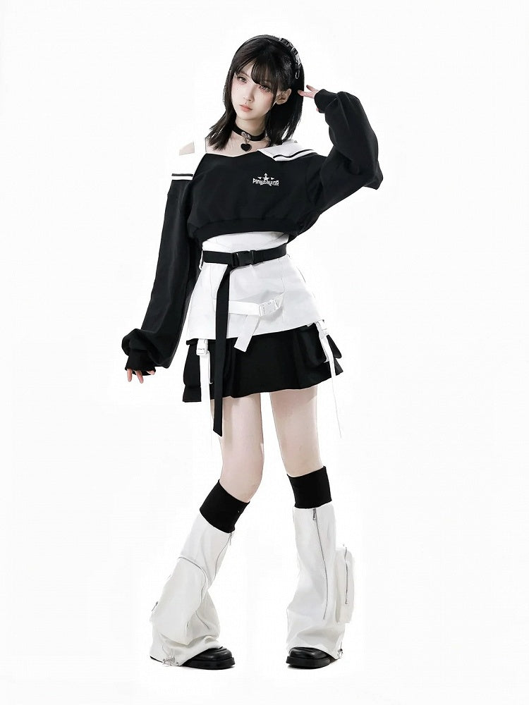 Punk Techwear Black V-Neck Futuristic Cropped Sweatshirt Wasteland
