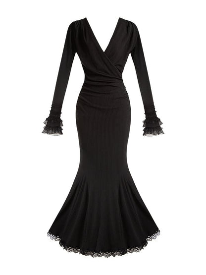 Black Bodycon Elegant V-Neck Dress Deep Knit Mermaid