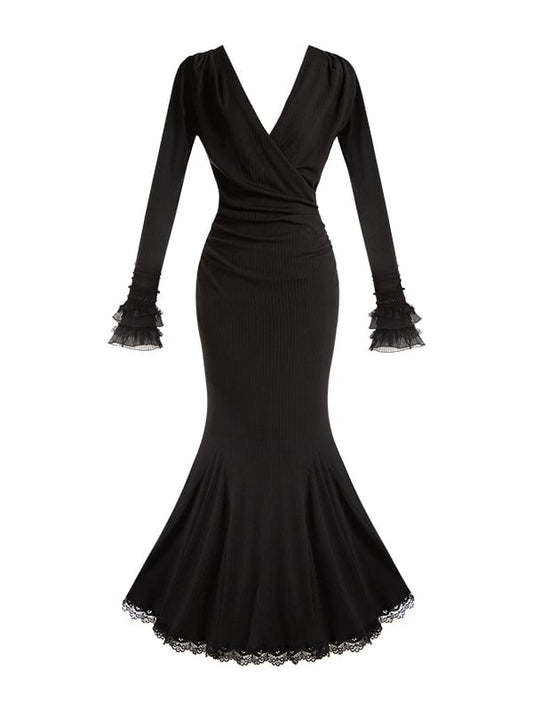 Black Bodycon Elegant V-Neck Dress Deep Knit Mermaid