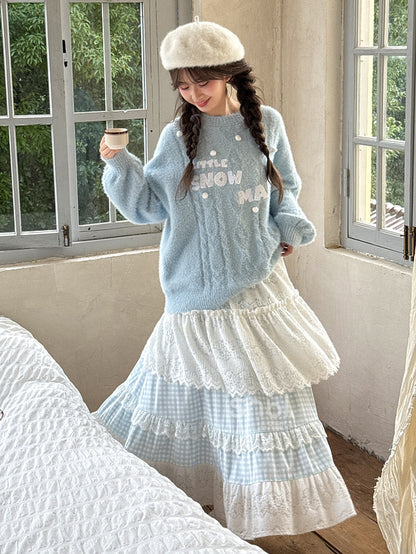 Jupe Mori Kei à carreaux en patchwork de dentelle bleue et blanche à taille haute