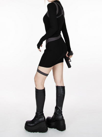 Cyberpunk Futuristic Black & Gray Buckle Strap Dress Waist Belt and Harness All-in-one with Garter