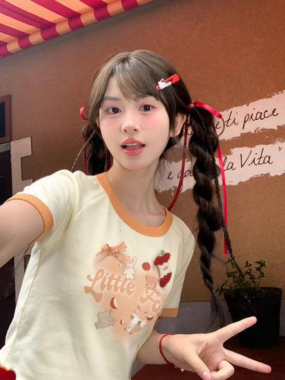 Yellow Cartoon Animal Print Heart Cutout Short Version T-Shirt with Apple Brooch