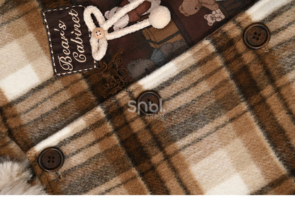 Brown Cute Little Bears Applique Plaid Hooded Woolen Coat Short Version
