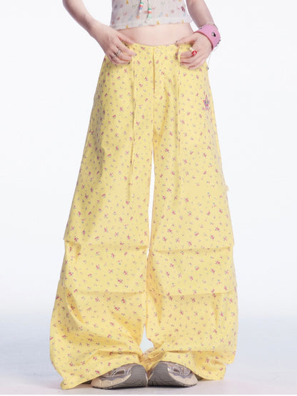 Light Yellow Drawstring Waist Floral Wide-leg Casual Pants