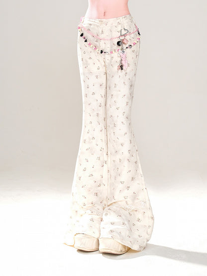 Apricot Low Waist Floral Pattern Slim-fitting Flared Pants