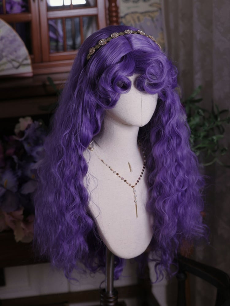 Purple Curly Bangs Long Wavy Synthetic Wig