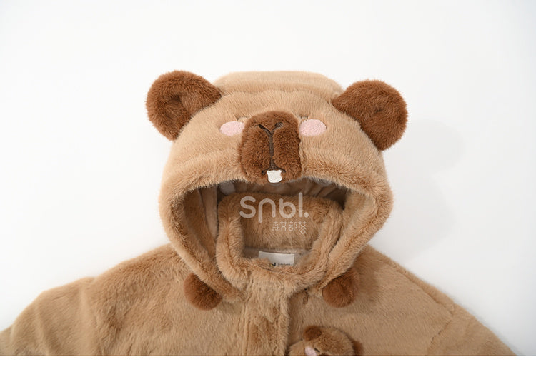 Cute Capybara Adorned Brown Plush Zip Hoodie