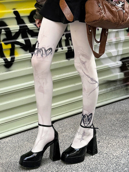 White 100D Punk Print Tights
