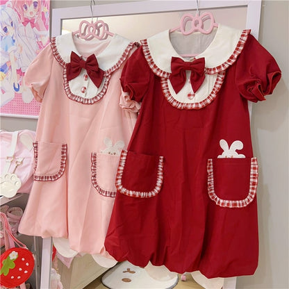 Wine Red Bunny Ears Peter Pan Collar Bubble Skirt Dress