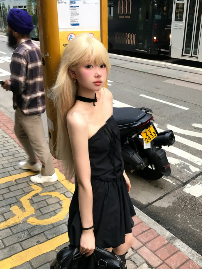 Skirt Self-Tie Strap Neckline Glamorous Strapless Dress Black Bubble