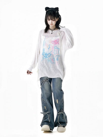 Bow Accents Flared Jeans Blue Faded Wash Distressed Holes Light
