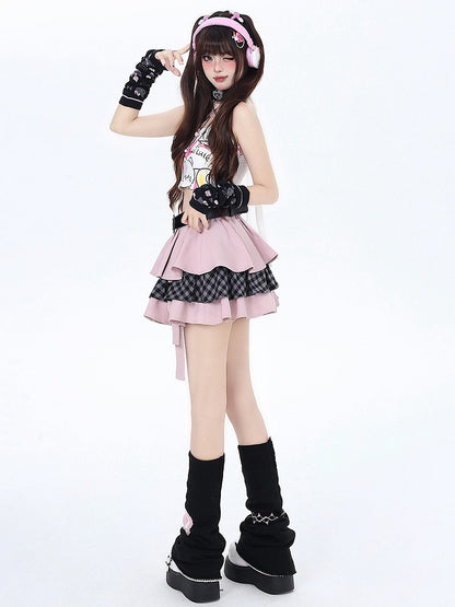 Free Skirt Belt Waist Pink Sweet Tiered with