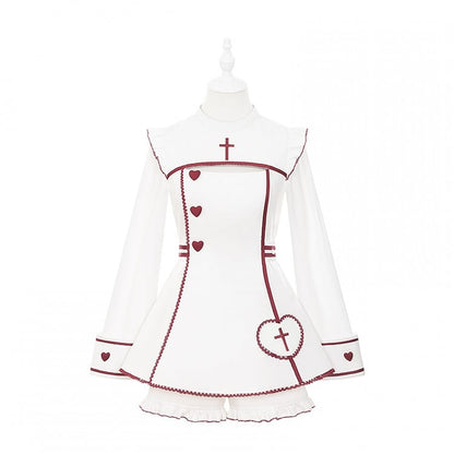 Maid Set: Halloween-themed Embroidery Buttons Cross Heart White Red Dress with + Kawaii Shorts Yami