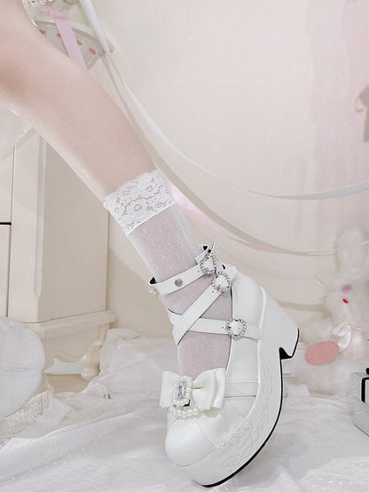 Matte Rhinestone And Bow White Block Kei at High Platform Beaded Jirai Decorated Heels Top
