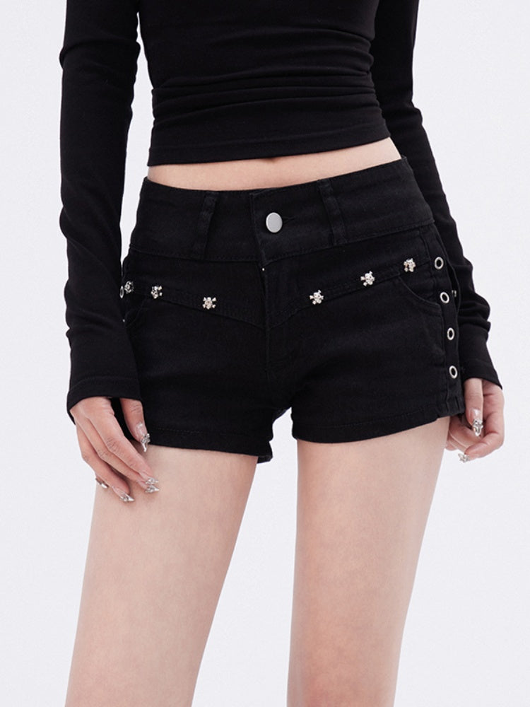 Y2K Studded Glamorous Waist Denim Shorts Black Low