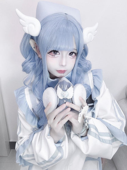 With Air Wig 70CM Length Bangs Wavy Blue