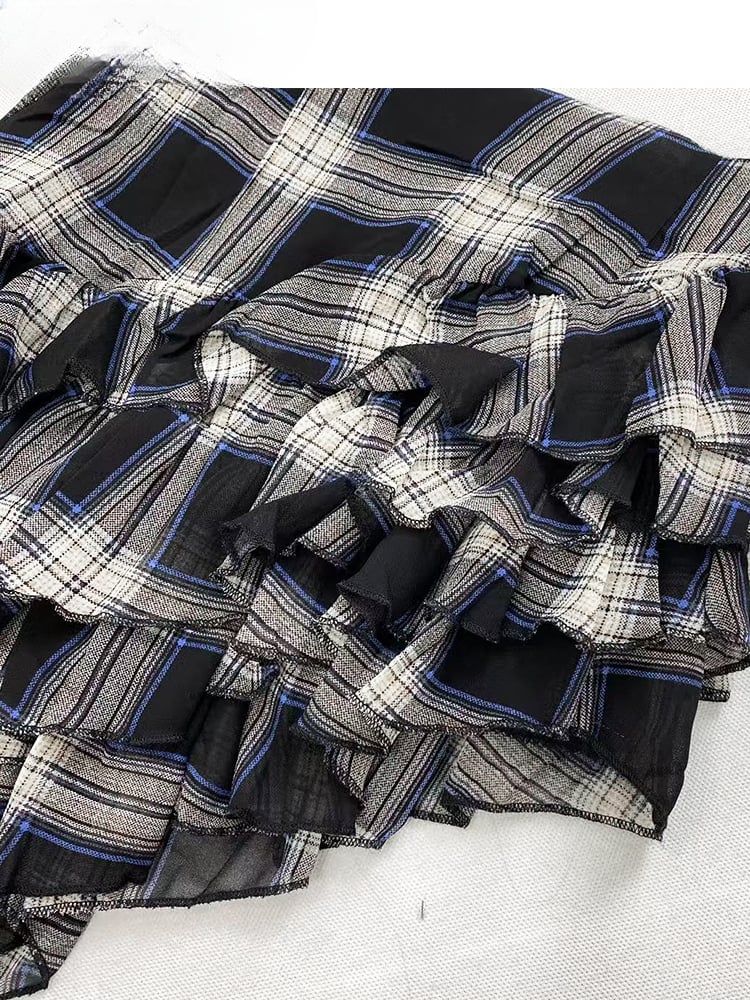 Vintage Black and White Plaid Asymmetrical Hem Glamorous High Waist Tiered Skirt