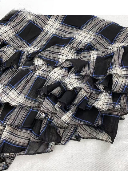 Vintage Black and White Plaid Asymmetrical Hem Glamorous High Waist Tiered Skirt