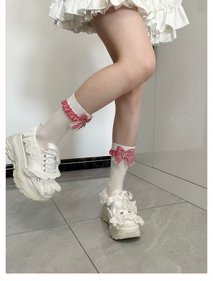 Kei Lolita White Plaid Bowknot with Sweet Ankle/Mid-Calf Socks Jirai Red Style
