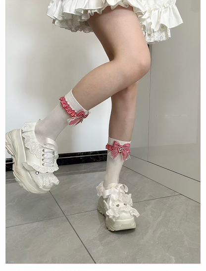 Kei Lolita White Plaid Bowknot with Sweet Ankle/Mid-Calf Socks Jirai Red Style