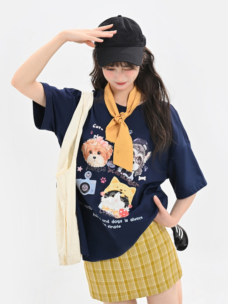 White/Black/Dark Blue Round Neck Puppy and Kitty Print Loose T-Shirt