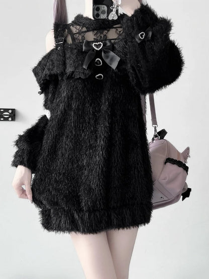 Jirai Kei Black Lace Illusion Neckline Cutout Shoulders Landmine Style Long Sweater with Free Bow Tie