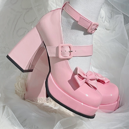 Gradient Pink Detachable Bowknot Platform High Block Heels Lolita Shoes
