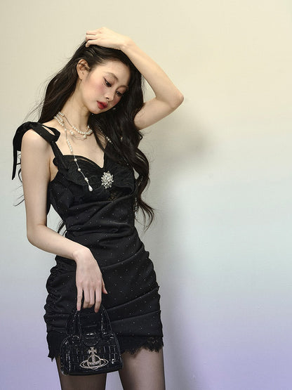 Black Butterfly Bodice Rhinestone Embellished Ruched Mini Slip Dress