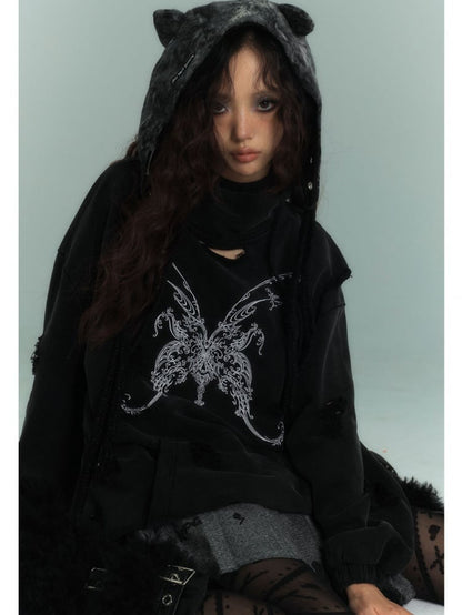 Butterfly Black Distressed Holes Punk Hoodie