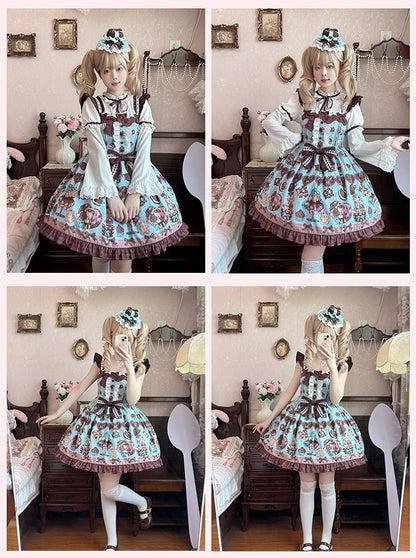 Lolita Dress Sleeves Vintage Teddy Bear Print Sweet  Flutter Mint Green JSK