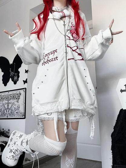 Guro Cat Print Heart Decorated Zip-up And Ear Hoodie White Letter Kawaii Studs