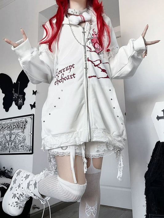Guro Cat Print Heart Decorated Zip-up And Ear Hoodie White Letter Kawaii Studs