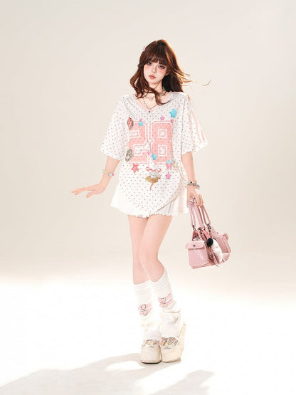Pink Polka-dot Pattern T-Shirt Print Star V-Neck Loose