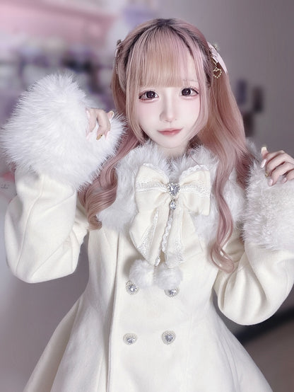 Jirai Kei Beige Detachable Plush Collar and Cuffs Landmine Style Woolen Coat with Bow