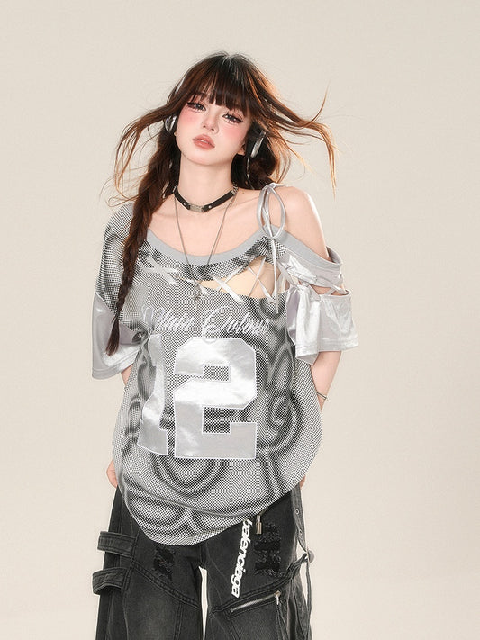Gray Cutout Shoulder Embroidered Sports T-Shirt with Lace-up Detail