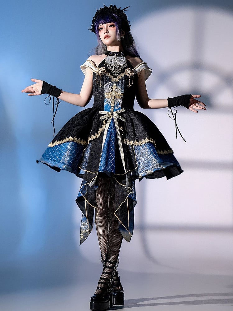 Rock im Gothic-Design, schulterfrei, Kreuzmuster, Frontprint, Pullover, kaskadierender Halsausschnitt, Rüschen