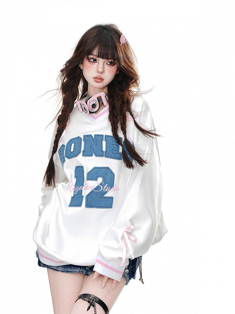 Black/White V-Neck Number Appliques Bowknots Loose Sweatshirt