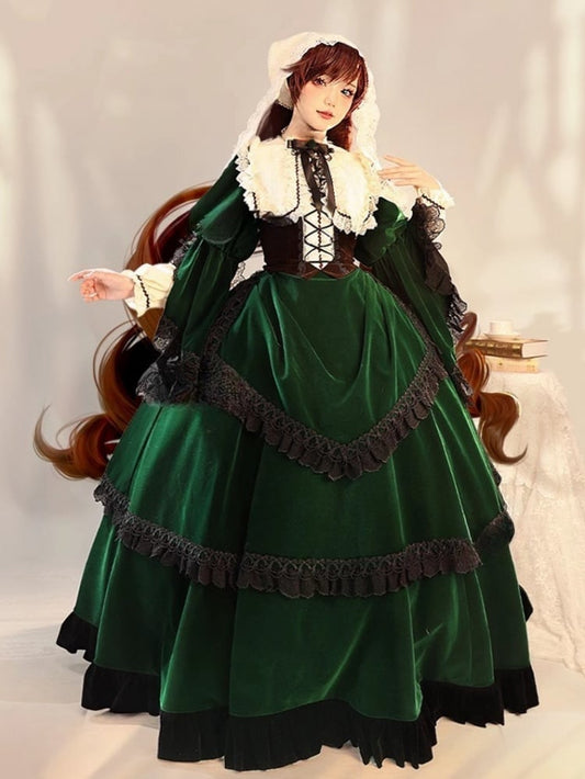 Rozen Maiden Jade Stern Green Velvet Dress Lolita-Style Cosplay Costume