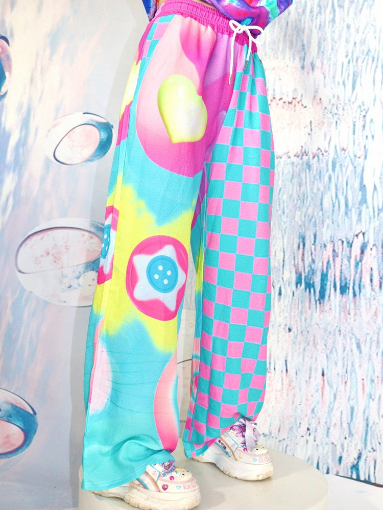 Star Print Heart Pants Cut Colorful Pattern Checked And Y2K Wide-leg
