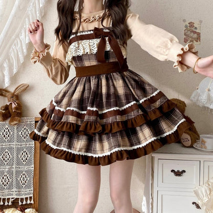 Brown Plaid Pattern Lolita Dress High Waist Autumn and Winter Lolita Jumper Skirt