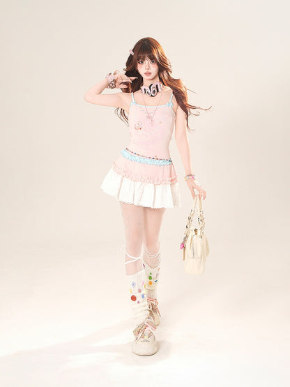 Heart Print Ruffle Trim Cami Top White/Pink