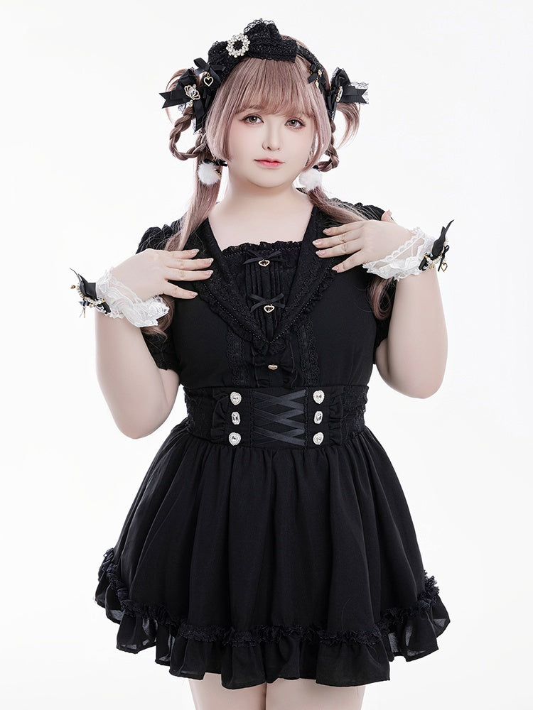 Jirai Kei Matrosenkragen, schwarze Bluse mit Strasssteinen, kurzen Ärmeln, herzförmiger Schleife und Verzierungen