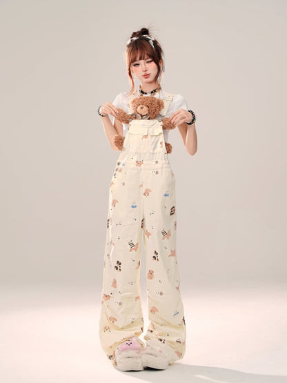 Beige Puppy Print  Wide-leg Cut  Overall Pants