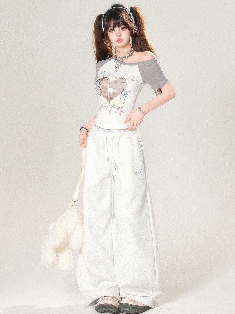 Embroidery Light Wide-leg Gray And Cut Letter Pants Trim Heart Lace