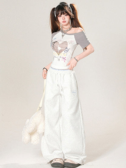 Embroidery Light Wide-leg Gray And Cut Letter Pants Trim Heart Lace