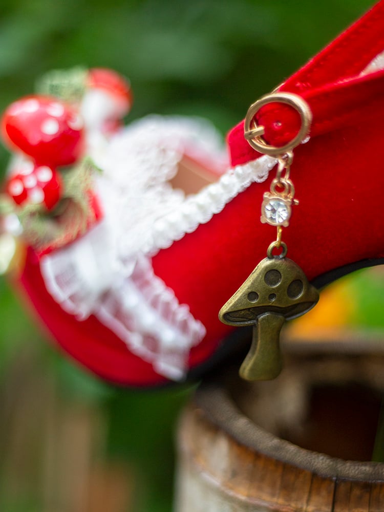 Red Bow Accent Bead and Mushroom Sweet Lolita Block Heels